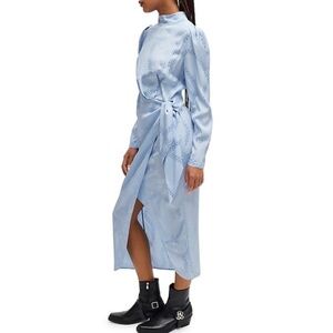 NWT Hugo Boss Tie-Front Mockneck Dress With Chain Jacquard Size 8 Light Blue